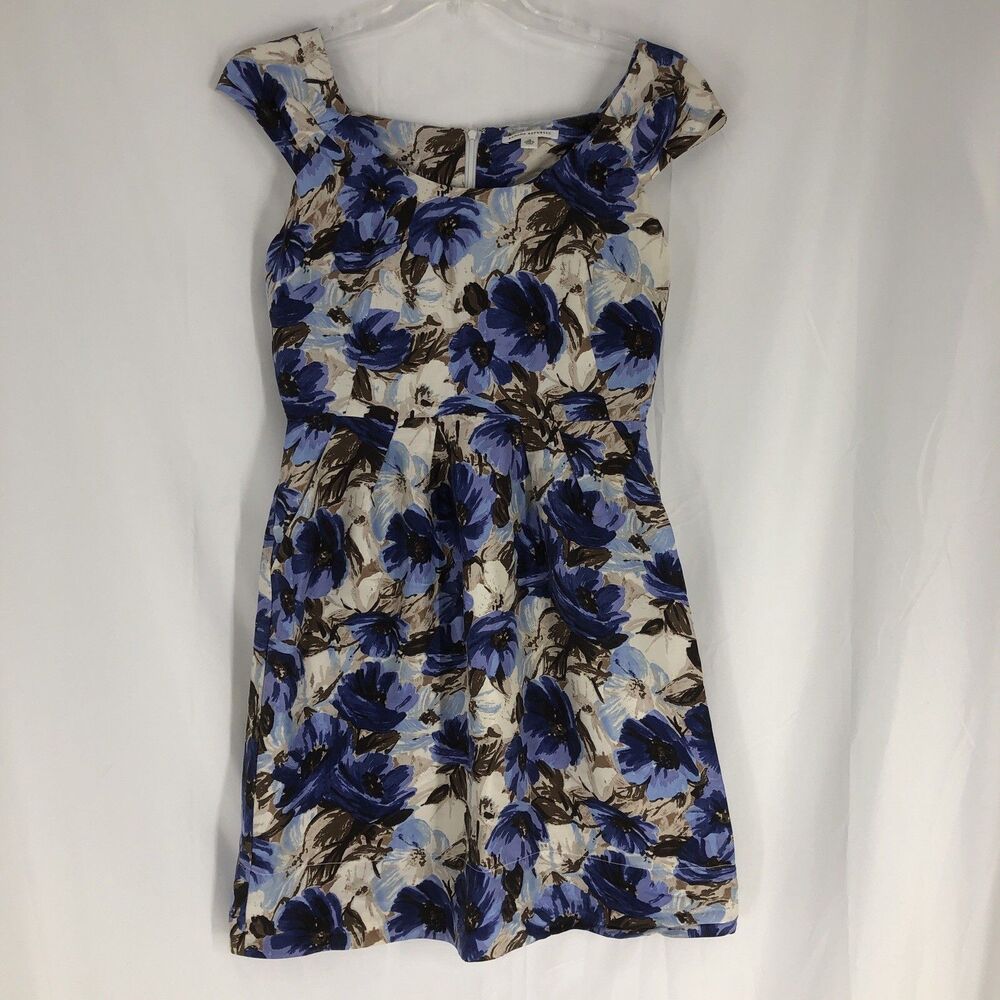 Banana Republic Floral Sheath Dress Womens Size 10 Blue Beige Cap Sleeve